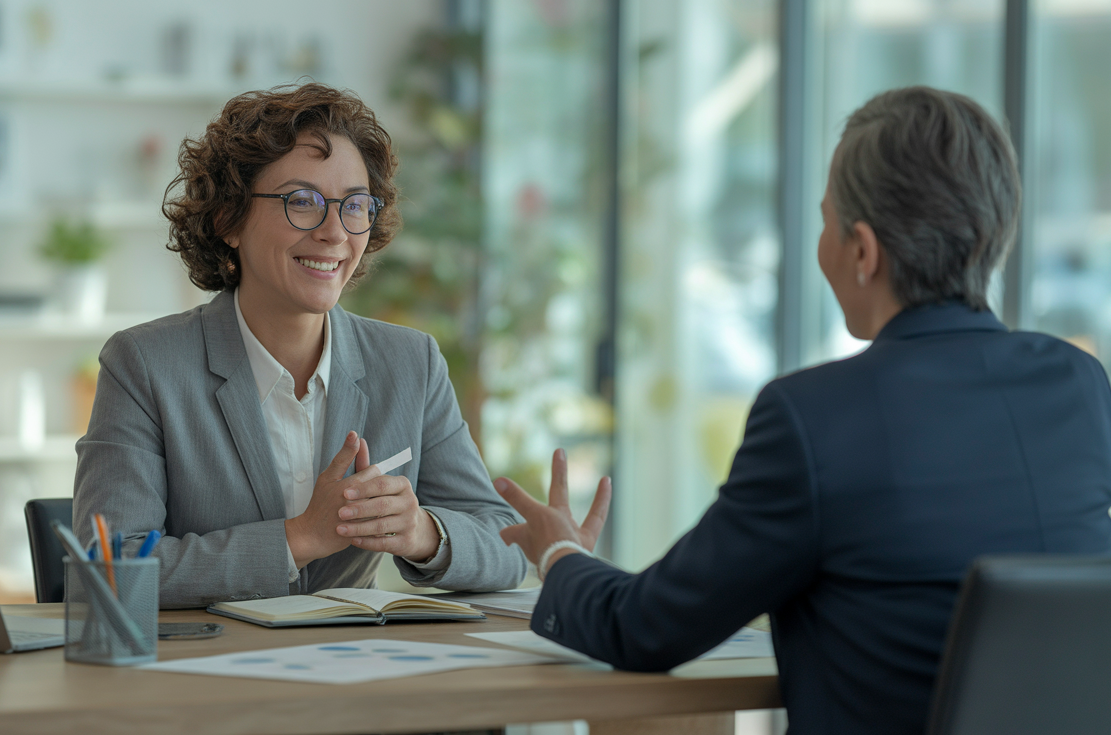 Consultant meeting a client in a modern office—streamlined work and growth using simple, affordable AI tools.