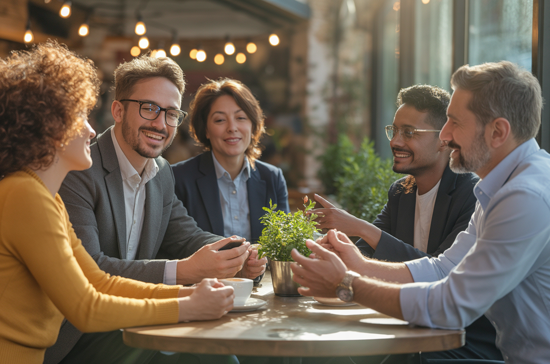 Small business owners sitting around a table networking after freeing up their time with affordable AI tools.
