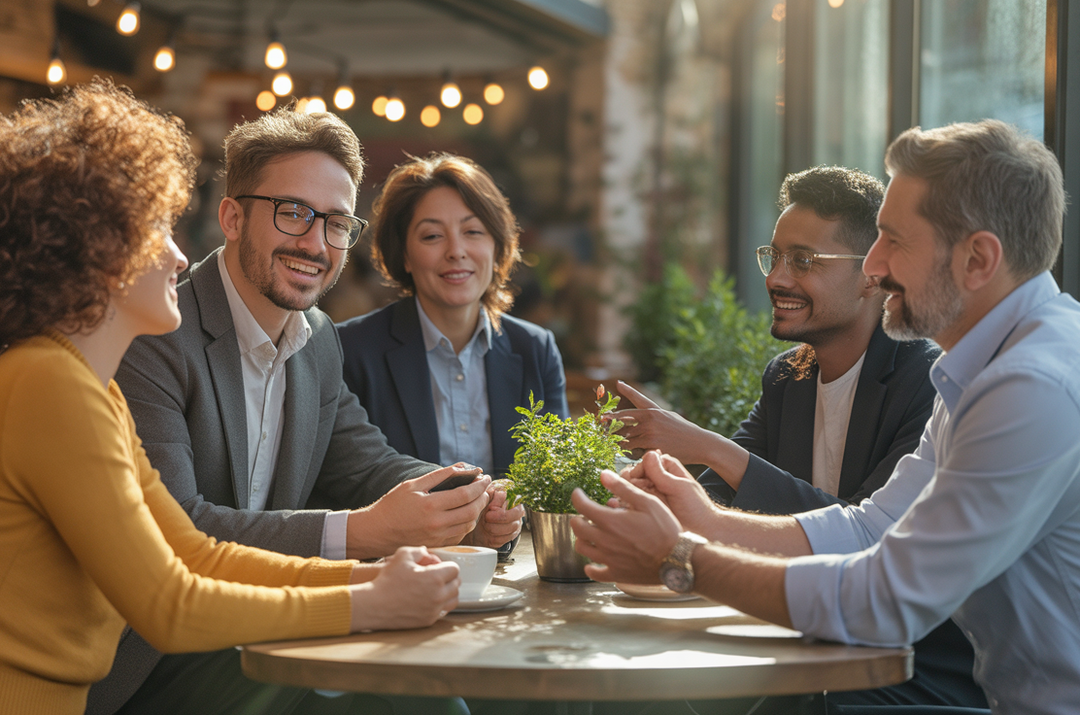Small business owners sitting around a table networking after freeing up their time with affordable AI tools.
